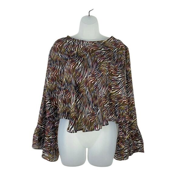IRO Jeans Tildana Top Women 34 XS Multicolor Zebra Print Silk Bell Sleeve Blouse - Picture 1 of 10